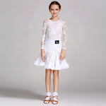 Latin Ballroom Dance Dresses for Girls with Lace Long Sleeves, Simple Neckline, and Invisible Zipper - DancerInn - 33206465757367 - 33206465757367