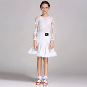 Latin Ballroom Dance Dresses for Girls with Lace Long Sleeves, Simple Neckline, and Invisible Zipper - DancerInn