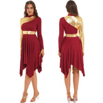 Modern Lyrical Dance Costume: Long Sleeve Worship Dress with Asymmetrical Design for Women - DancerInn - 25447678181559 - 25447678181559