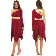 Modern Lyrical Dance Costume: Long Sleeve Worship Dress with Asymmetrical Design for Women - DancerInn