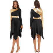 Modern Lyrical Dance Costume: Long Sleeve Worship Dress with Asymmetrical Design for Women - DancerInn