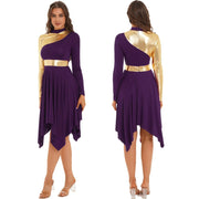 Modern Lyrical Dance Costume: Long Sleeve Worship Dress with Asymmetrical Design for Women - DancerInn