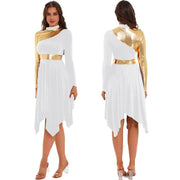 Modern Lyrical Dance Costume: Long Sleeve Worship Dress with Asymmetrical Design for Women - DancerInn