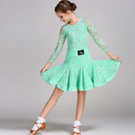 Latin Ballroom Dance Dresses for Girls with Lace Long Sleeves, Simple Neckline, and Invisible Zipper - DancerInn - 33206465265847 - 33206465265847
