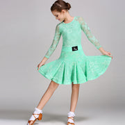 Latin Ballroom Dance Dresses for Girls with Lace Long Sleeves, Simple Neckline, and Invisible Zipper - DancerInn