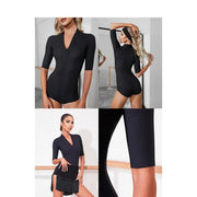 Women's V-Neck Latin Dance Bodysuit with Mid-Sleeves and Premium Nylon Ribbed Fabric - DancerInn