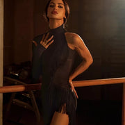 Latin Competition Dresses - High Slit Fringe Single Sleeve Dresses for the Dance with Underwear Salsa Samba Tango - DancerInn Latin Dance Dresses  
