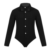 Dance Bodysuits for Boys with Long Sleeves Bow Tie and Turn-Down Collar Perfect Dance Romper - DancerInn Black / 12