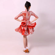 Ballroom and Latin Dance Dresses for Girls - High Neck, Mid-Sleeves, Back Zipper and Flowing Skirt - DancerInn 