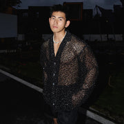 Mens Black Sequin Shirt - Iridescent Black Glitter Shirt for Men Loose Fit Long Sleeve Top Casual Streetwear for Party & Nightclub -  Black-XL