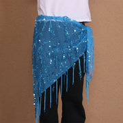 Belt for Belly Dance - Beaded  Belly Dancer Hip Scarf with Coins, Fringe, and Triangle Design - DancerInn Royal-blue-One-size