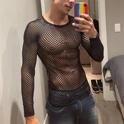Mens Muscle Fit T Shirts - Mesh Fishnet See-Through Tee for Men with Breathable Long Sleeves Sexy Fitted for Dance Gym Workout - DancerInn 