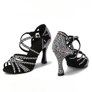 Rhinestone Latin Dance Shoes Women - Satin Lace-Up Soft Sole with Mid & High Heels - DancerInn 