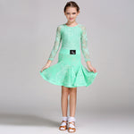 Latin Ballroom Dance Dresses for Girls with Lace Long Sleeves, Simple Neckline, and Invisible Zipper - DancerInn - 33206465233079 - 33206465233079