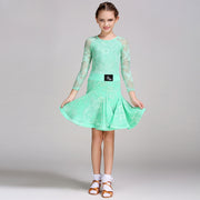 Latin Ballroom Dance Dresses for Girls with Lace Long Sleeves, Simple Neckline, and Invisible Zipper - DancerInn