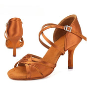 Ballroom Dance Shoes Women - Satin Mid High Heel Suede Sole Dancing Sneaker for Latin Bachata Jazz