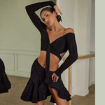 Dance Bra Top - Long Sleeve Off Shoulder Sports Bra for Latin Salsa Rumba & Samba Dancing - DancerInn Black / L - 34192993812663 - 34192993812663