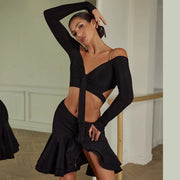 Dance Bra Top - Long Sleeve Off Shoulder Sports Bra for Latin Salsa Rumba & Samba Dancing - DancerInn Black / L
