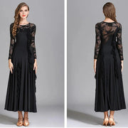 Women Hidden Zipper Flower Pattern Long Sleeves Ballroom Standard Waltz Dress Tango Costume Lace Dressing Gown - DancerInn