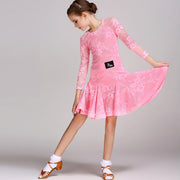 Latin Ballroom Dance Dresses for Girls with Lace Long Sleeves, Simple Neckline, and Invisible Zipper - DancerInn
