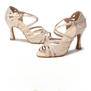 Rhinestone Latin Dance Shoes Women - Satin Lace-Up Soft Sole with Mid & High Heels - DancerInn 
