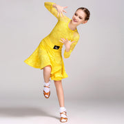Latin Ballroom Dance Dresses for Girls with Lace Long Sleeves, Simple Neckline, and Invisible Zipper - DancerInn