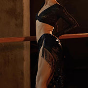 Black Fringe Skirt  - Sexy Cut-Out Latin Dancing Skirts with Heavy Beading for Tango Salsa Samba - DancerInn  