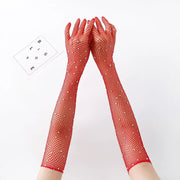 Rhinestone Gloves with Laces - Flash Party Performance Mesh Gloves in White, Red, Black, Pink, Fishnet & Goth Style - DancerInn Red