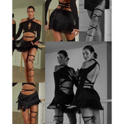 Latin Dance Practice Skirt for Women with Lace-Up Waist, Double Layer Fringe, and Built-In Shorts - DancerInn
