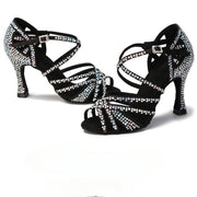 Rhinestone Latin Dance Shoes Women - Satin Lace-Up Soft Sole with Mid & High Heels - DancerInn 