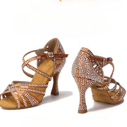 Rhinestone Latin Dance Shoes Women - Satin Lace-Up Soft Sole with Mid & High Heels - DancerInn 
