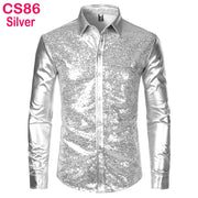 70s Disco Shirt Mens Performance Shirt – Shiny Sequin Long Sleeve Latin Ballroom Top for Party, Dance, Nightclub & Stage - DancerInn CS86-Silver-XXL