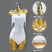 Weißes Kleid & Schmuck / XXS - Pailletten-Tanzkleid – Strassbesetztes, rückenfreies Trägertop mit Fransen für Damen, ideal für lateinamerikanische Musikstile wie Salsa und Bachata.
