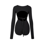 Gymnastics Leotards Long Sleeve - Black Bodysuit for Dance with Built-In Bra Backless Design for Latin Salsa - DancerInn  