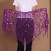 Belt for Belly Dance - Beaded  Belly Dancer Hip Scarf with Coins, Fringe, and Triangle Design - DancerInn Purple-One-size