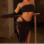 Black Fringe Skirt  - Sexy Cut-Out Latin Dancing Skirts with Heavy Beading for Tango Salsa Samba - DancerInn   - 34539320017079 - 34539320017079