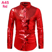 70s Disco Shirt Mens Performance Shirt – Shiny Sequin Long Sleeve Latin Ballroom Top for Party, Dance, Nightclub & Stage - DancerInn A45-Red-XXL