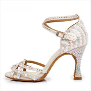 Shoes for Dancing Women - Rhinestone Suede Sole Mid High Heel Shoes Latina for Ballroom Jazz Bachata
