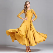 Women Hidden Zipper Flower Pattern Long Sleeves Ballroom Standard Waltz Dress Tango Costume Lace Dressing Gown - DancerInn