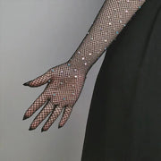 Rhinestone Gloves with Laces - Flash Party Performance Mesh Gloves in White, Red, Black, Pink, Fishnet & Goth Style - DancerInn 