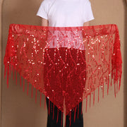 Belt for Belly Dance - Beaded  Belly Dancer Hip Scarf with Coins, Fringe, and Triangle Design - DancerInn Red-One-size