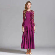 Women Hidden Zipper Flower Pattern Long Sleeves Ballroom Standard Waltz Dress Tango Costume Lace Dressing Gown - DancerInn