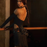 Latino Dance Dress - Vintage Velvet Cutout Fringe Black Dress Dancing for Latin Dancing Tango Salsa Samba - DancerInn   - 34560391348407 - 34560391348407