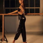Black Pants Dance – High Waisted Tapered Pants with Stretch Waistband And Pockets for Latin Salsa Women - 34380470452407 - 34380470452407