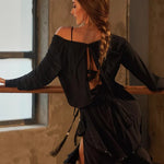 Latin American Dance Dresses - Black Loose Backless Long Sleeve Latino Dress for Tango Salsa Samba - DancerInn   - 34400258785463 - 34400258785463
