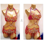 Bellydance Clothes for Women - Sexy Beaded Crystal 3 Piece Dance Costume Set with Bra, Belt, and Necklace - DancerInn