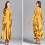 Women Hidden Zipper Flower Pattern Long Sleeves Ballroom Standard Waltz Dress Tango Costume Lace Dressing Gown - DancerInn