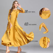 Women Hidden Zipper Flower Pattern Long Sleeves Ballroom Standard Waltz Dress Tango Costume Lace Dressing Gown - DancerInn