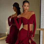 Dance Bra Top - Long Sleeve Off Shoulder Sports Bra for Latin Salsa Rumba & Samba Dancing - DancerInn Red / L