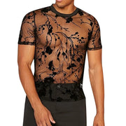 Mens Floral Print T Shirt - Black See Through Mesh Short Sleeve O-Neck Streetwear Top for Dance Performance Stage -   Men Dance Shirts DancerInn